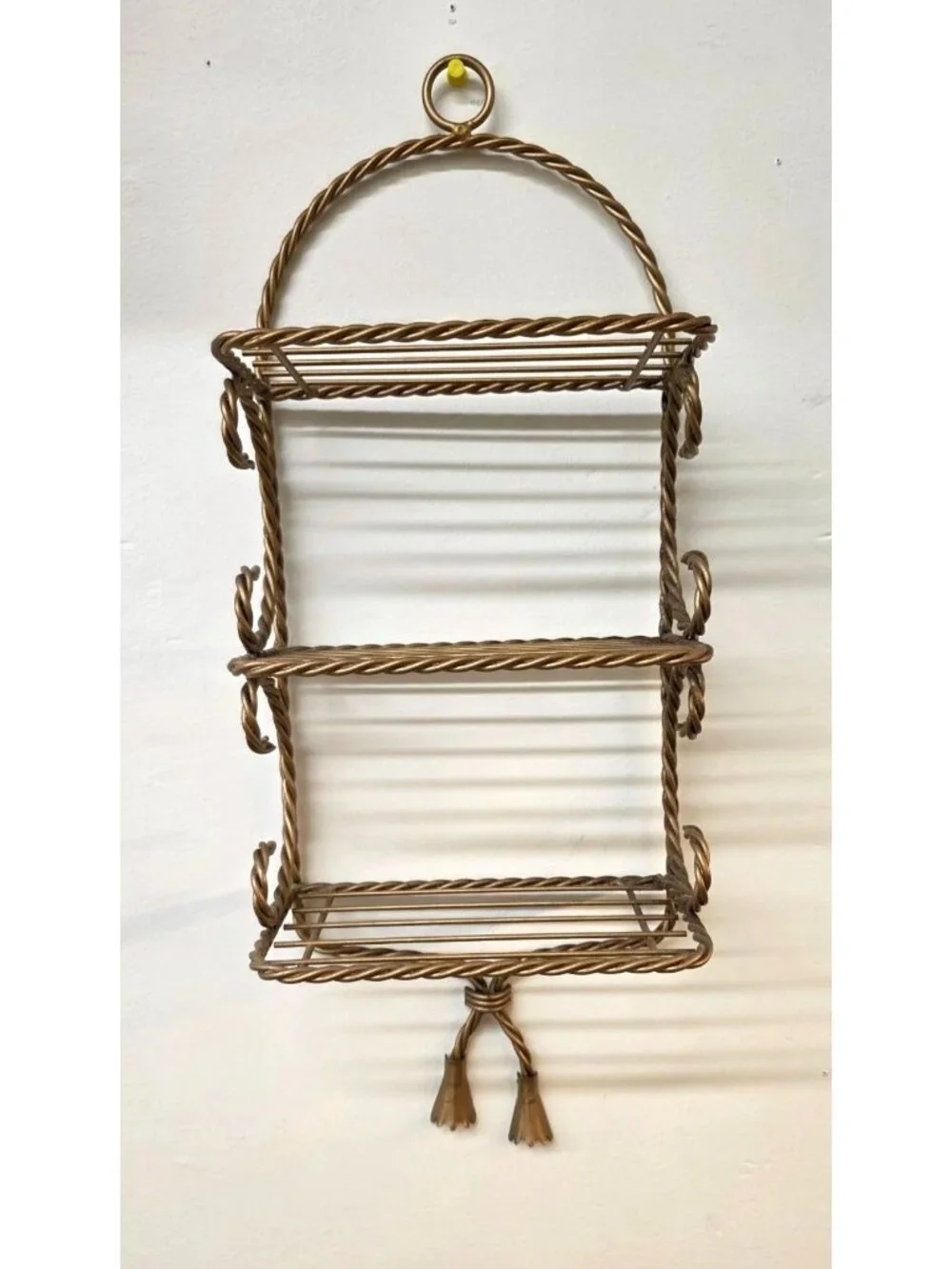Vintage 3 Tier Twisted Rope Gold Tone Metal Wall Shelf Hollywood Regency Style